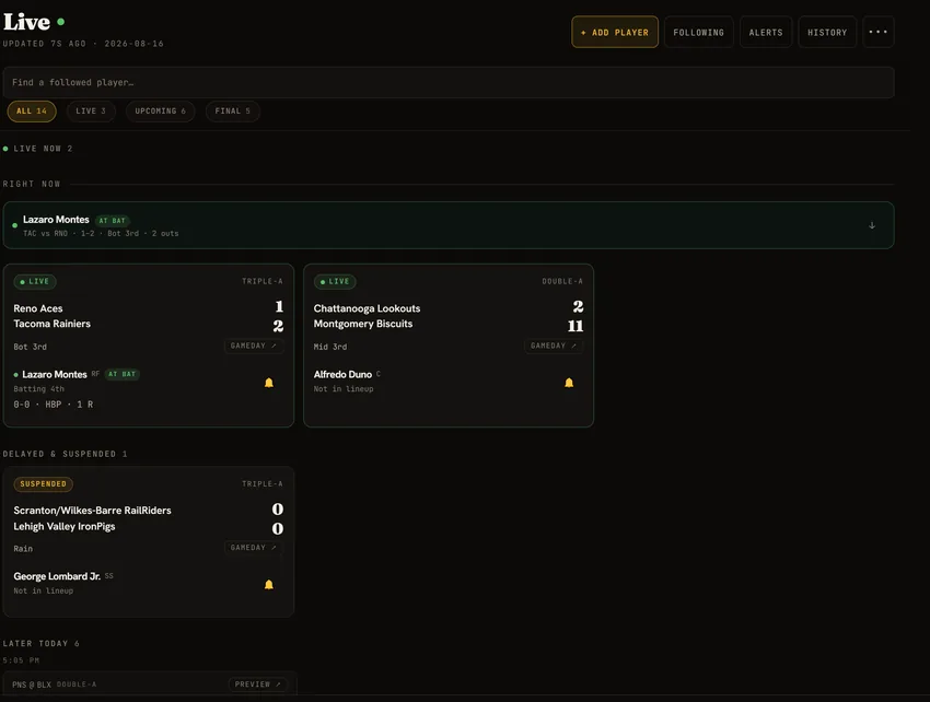 The Nine Signal live board grouped into live now, delayed and suspended, and later today, with a right-now strip showing which followed player is at bat.